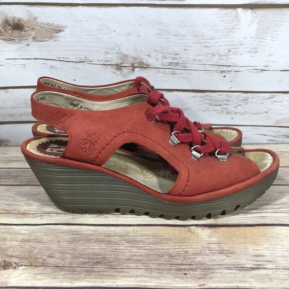 Fly London Ylfa Open Toe Wedge Sandals Womens Size 40 (9) Lace Up Red Slingback - Picture 5 of 12